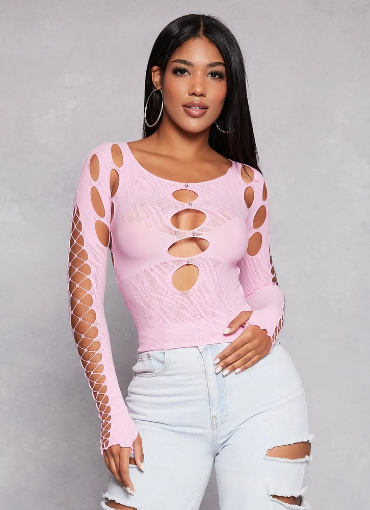 Womens Seamless Fishnet Detail Cut Out Top, Pink
