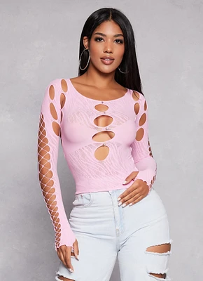 Womens Seamless Fishnet Detail Cut Out Top, Pink