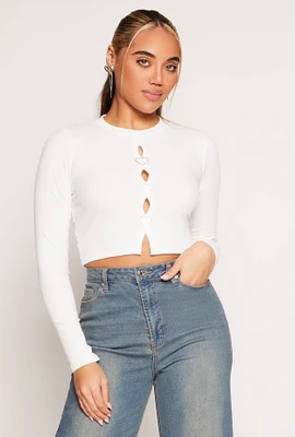 Womens Rhinestone Heart Cut Out Crop Top, White, Size S
