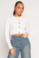 Womens Rhinestone Heart Cut Out Crop Top, White, Size S