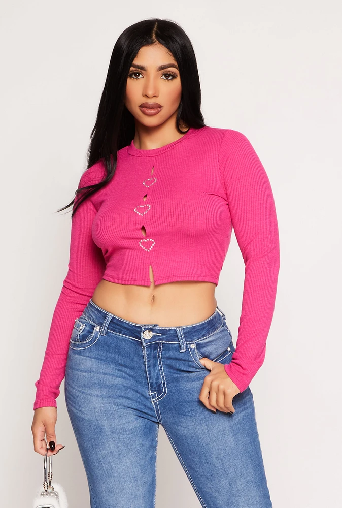 Womens Rhinestone Heart Cut Out Crop Top, Pink,