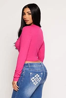 Womens Rhinestone Heart Cut Out Crop Top, Pink,