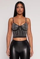 Womens Faux Pearl Rhinestone Bustier Top, Black, Size M