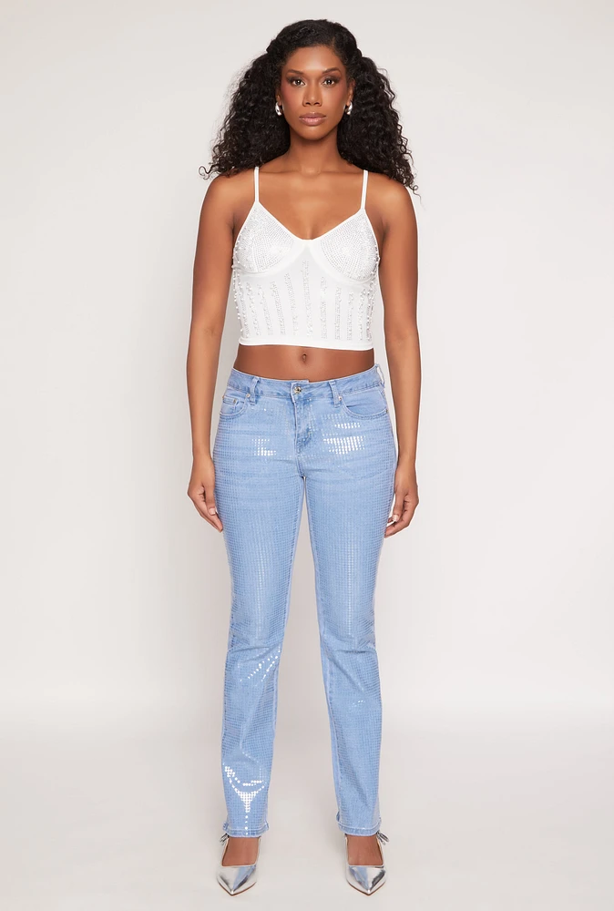 Womens Faux Pearl Rhinestone Bustier Top, White, Size M