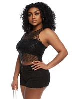 Womens Beaded Mesh Tank Top, Black, Size S