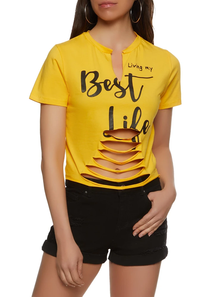 Womens Living My Best Life Laser Cut Cropped Tee, Yellow, Size L