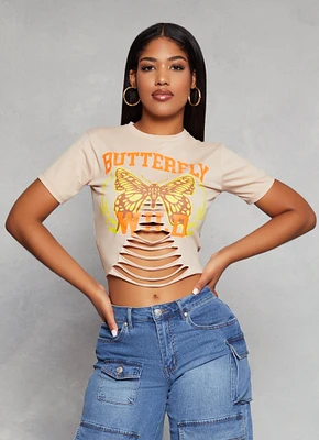 Womens Butterfly Wild Laser Cut Graphic Top, Khaki,