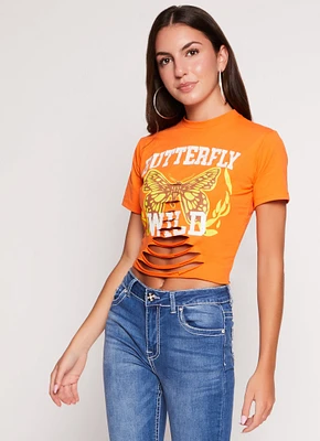 Womens Butterfly Wild Laser Cut Graphic Top, Orange, Size L