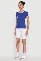 Womens Stylish 83 Graphic Contrast Trim Cotton Jersey Tee, Blue, Size XL