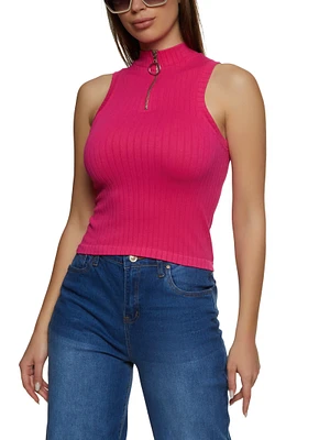 Womens Seamless Ribbed Zip Neck Tank Top, Pink, Size S-M