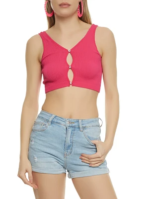 Womens Rhinestone Keyhole Cropped Tank Top, Pink, Size L-XL