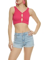 Womens Rhinestone Keyhole Cropped Tank Top, Pink, Size L-XL