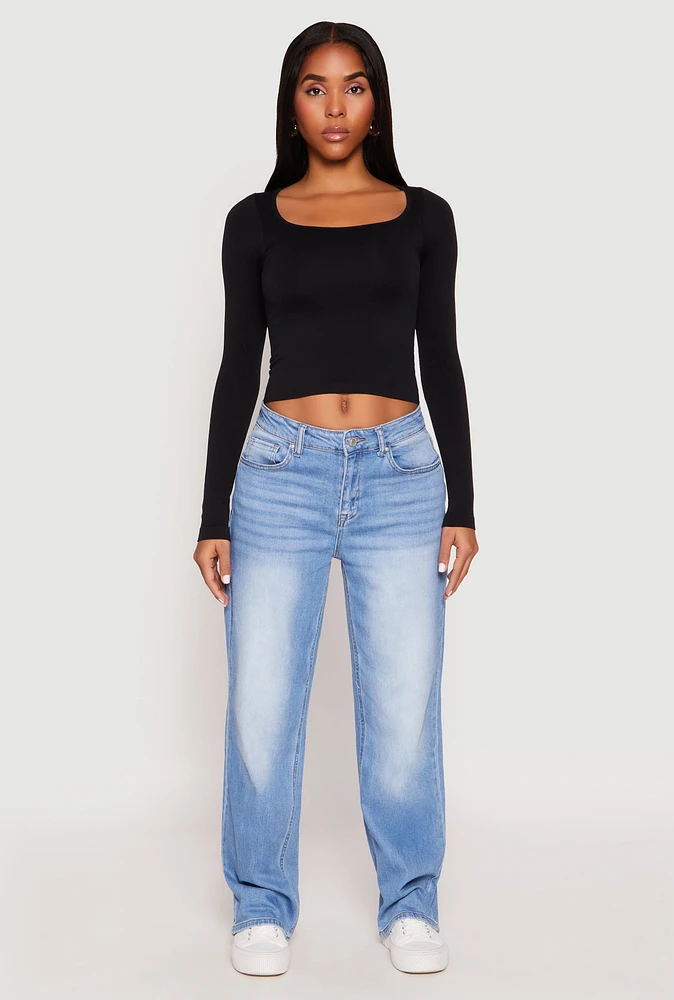 Womens Seamless Double Layered Long Sleeve Crop Top, Black, Size L-XL