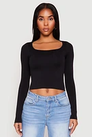 Womens Seamless Double Layered Long Sleeve Crop Top, Black, Size S-M