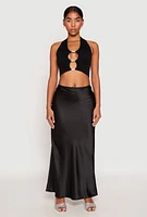 Womens Rhinestone Cut Out Seamless Halter Crop Top, Black, Size S-M