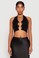 Womens Rhinestone Cut Out Seamless Halter Crop Top, Black, Size L-XL