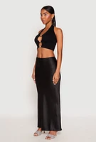 Womens Rhinestone Cut Out Seamless Halter Crop Top, Black, Size L-XL