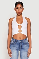 Womens Rhinestone Cut Out Seamless Halter Crop Top, White, Size L-XL