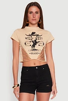 Womens Wild West Laser Cut Graphic Tee, Beige, Size XL