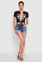 Womens Forever Plunge Tie Front Graphic Tee, Black, Size L