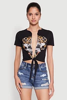 Womens Forever Plunge Tie Front Graphic Tee, Black, Size XL