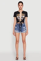 Womens Forever Plunge Tie Front Graphic Tee, Black, Size L