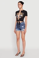 Womens Forever Plunge Tie Front Graphic Tee, Black, Size L