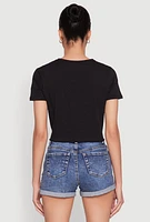 Womens Forever Plunge Tie Front Graphic Tee, Black, Size L