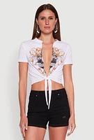Womens Forever Plunge Tie Front Graphic Tee, White, Size M