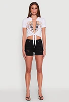 Womens Forever Plunge Tie Front Graphic Tee, White, Size M