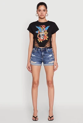 Womens Skull Laser Cut Graphic Tee, Black, Size S