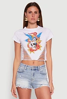 Womens Skull Laser Cut Graphic Tee, White,