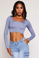 Womens Daisy Scoop Neck Long Sleeve Crop Top, Blue, Size S