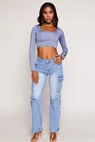 Womens Daisy Scoop Neck Long Sleeve Crop Top, S