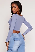Womens Daisy Scoop Neck Long Sleeve Crop Top, Blue, Size S