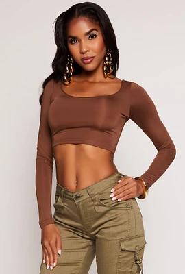 Womens Daisy Scoop Neck Long Sleeve Crop Top, Brown, Size L