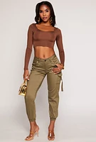 Womens Daisy Scoop Neck Long Sleeve Crop Top, Brown, Size L