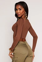 Womens Daisy Scoop Neck Long Sleeve Crop Top, Brown, Size L