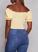 Womens Eyelet Ruched Front Peasant Top, Yellow, Size S