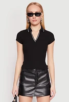 Womens Iris Rib Knit Contrast Trim V Neck Polo Shirt,