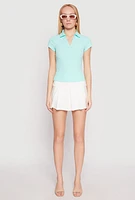Womens Iris Rib Knit Contrast Trim V Neck Polo Shirt, Blue, Size L