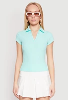 Womens Iris Rib Knit Contrast Trim V Neck Polo Shirt, Blue, Size L