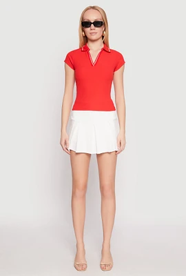 Womens Iris Rib Knit Contrast Trim V Neck Polo Shirt, Red,