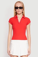 Womens Iris Rib Knit Contrast Trim V Neck Polo Shirt, Red,