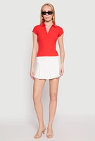 Womens Iris Rib Knit Contrast Trim V Neck Polo Shirt, Red,