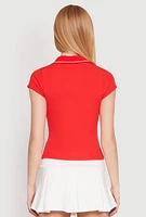 Womens Iris Rib Knit Contrast Trim V Neck Polo Shirt, Red,