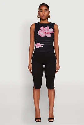 Womens Iris Mesh Floral Print Ruched Crop Top, Multi, Size L