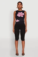 Womens Iris Mesh Floral Print Ruched Crop Top, Multi, Size L