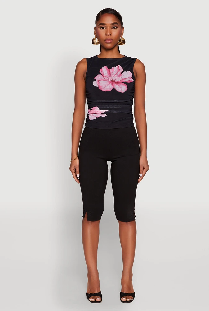 Womens Iris Mesh Floral Print Ruched Crop Top, Multi,
