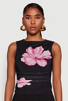 Womens Iris Mesh Floral Print Ruched Crop Top, Multi, Size L